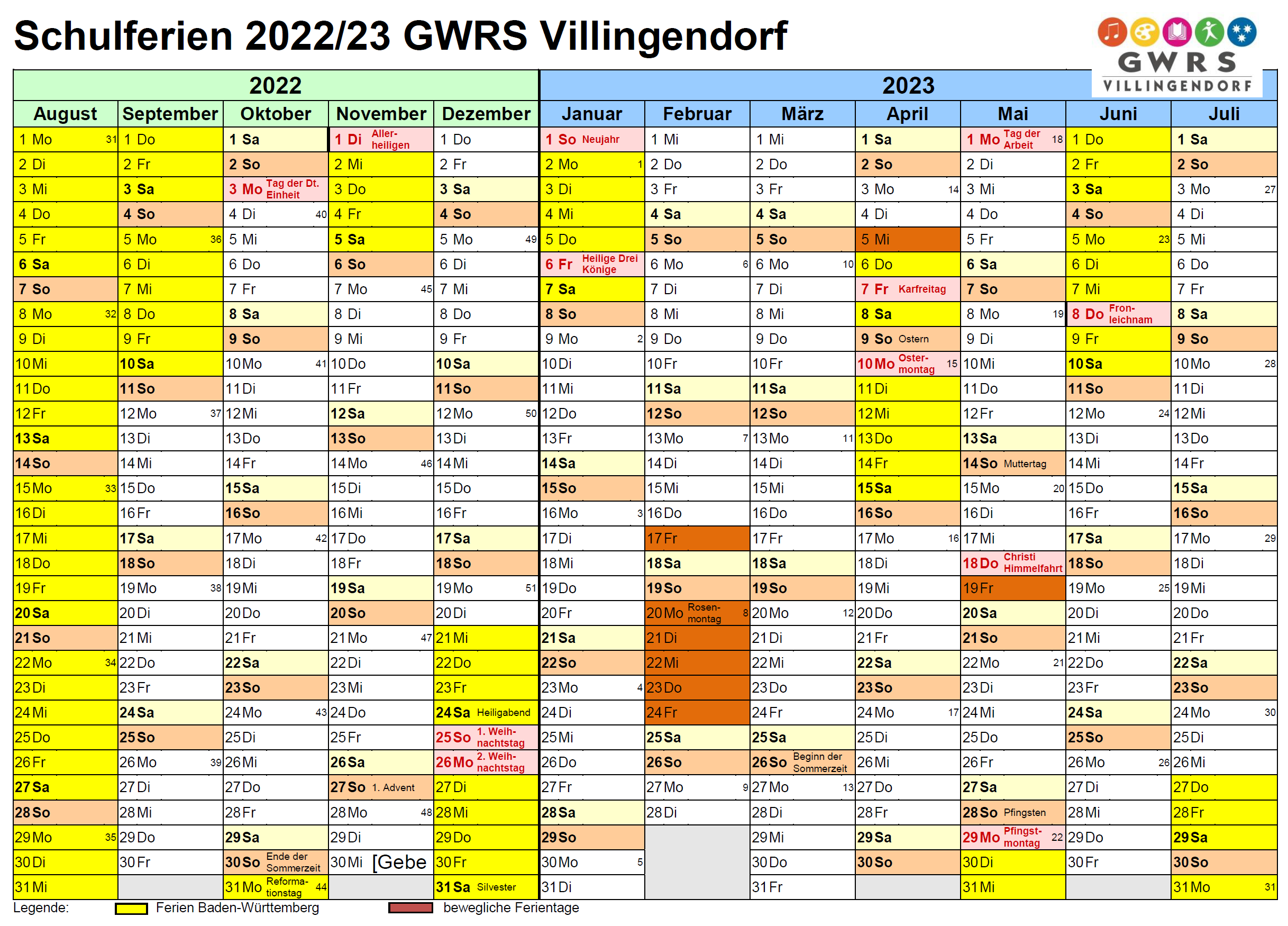 ferienkalender 2022 2023 GWRS Villingendorf