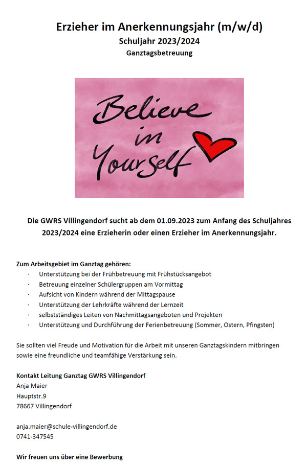 Stellenausschreibung AJ 2023 2024 GWRS Villingendorf