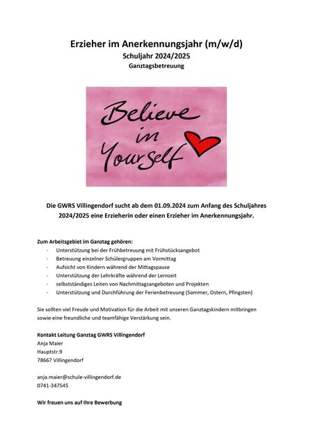 Ausschreibung Erzieherin Anerkennungsjahr 2024/25