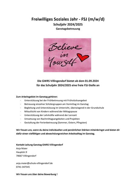 Auschreibung FSJ 2024 2025 GWRS Villingendorf