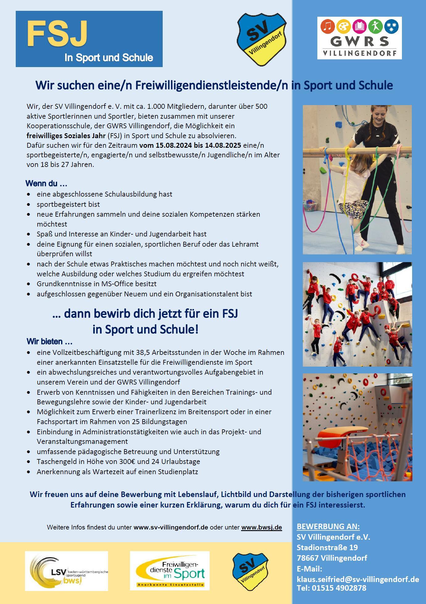 Freiwilliges Soziales Jahr (FSJ) in Sport und Schule 2024 / 2025 Villingendorf