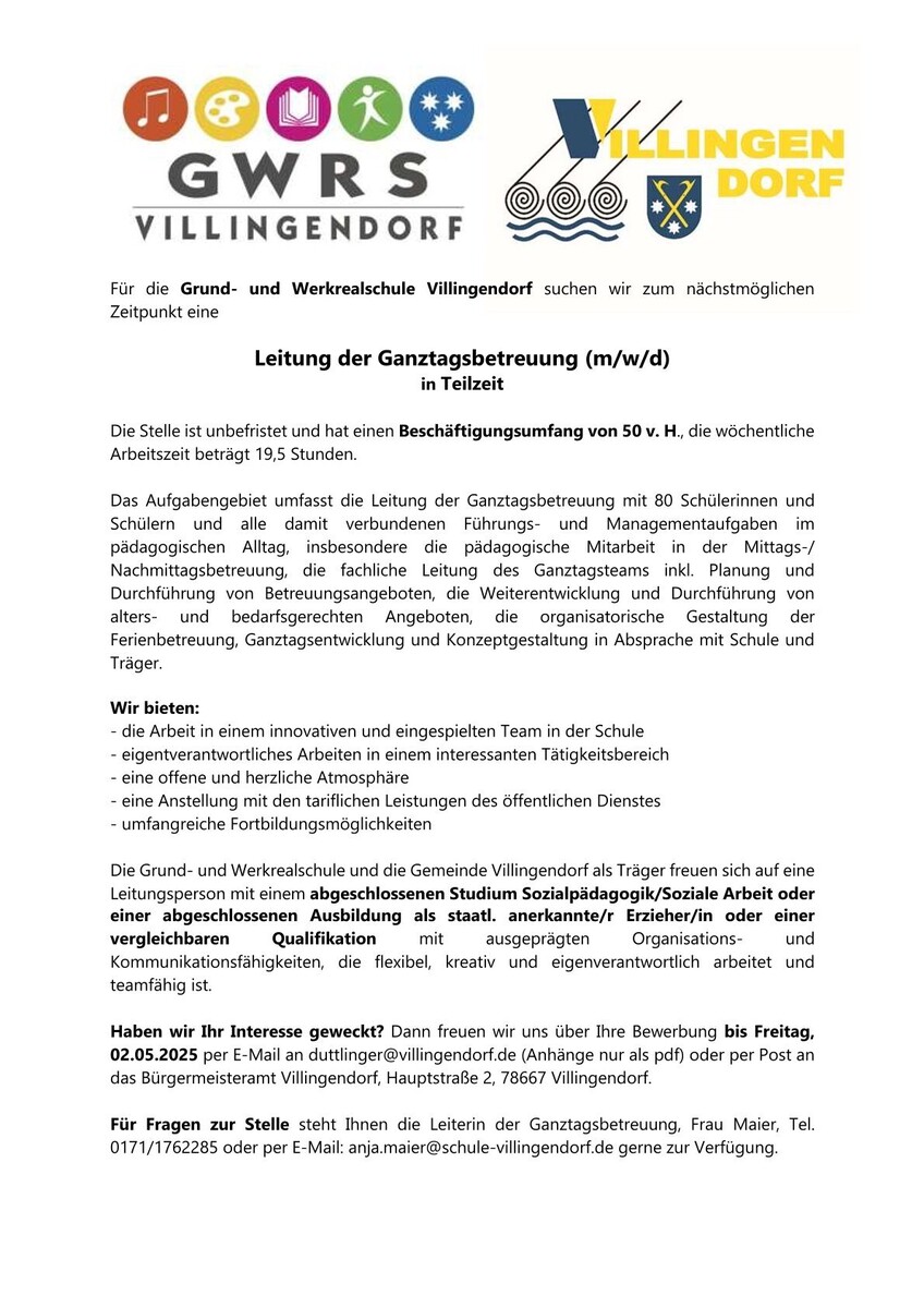 70a9451cb91f2108 Stellenausschreibung Leitung Ganztagesbetreuung mwd Grund und W